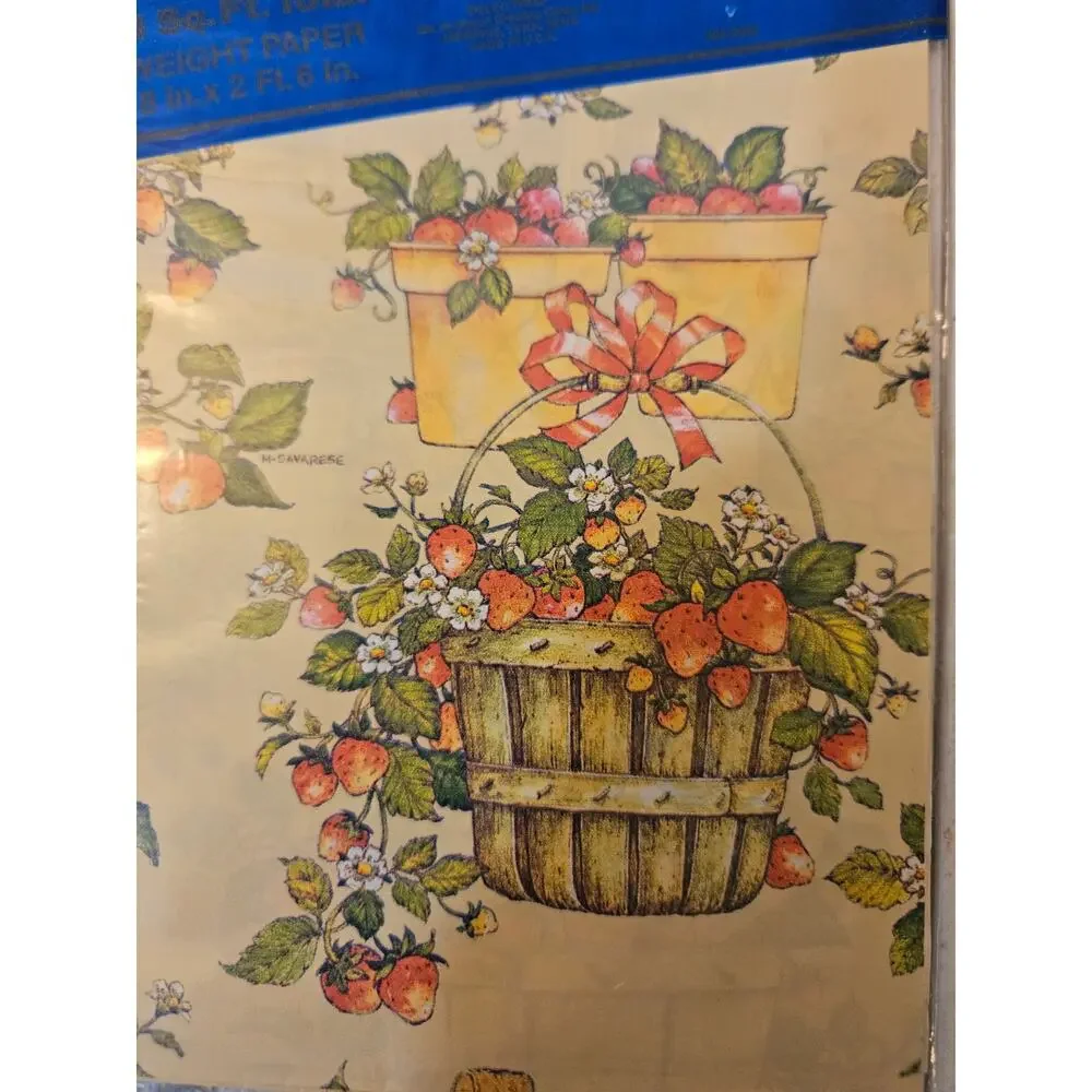 Vintage Strawberry Basket Wrapping Paper Lot of 6 NOS Sealed Sheets Paper Goods